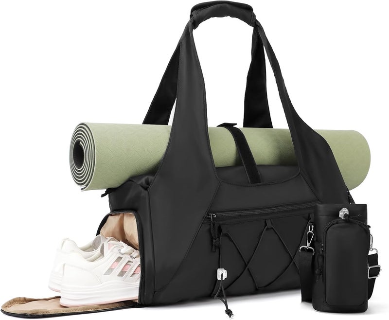 FULONEEI Gym Bag for Women, Yoga Mat Bag with Shoe Compartment and Wet Pocket, Sport Yoga Gym Bag with Yoga Strap, Carryall Yoga Tote Bag - Image 1